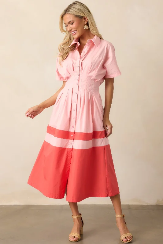 Relaxed Style Sorbet Dreams Cotton Pink Button Front Midi Dress