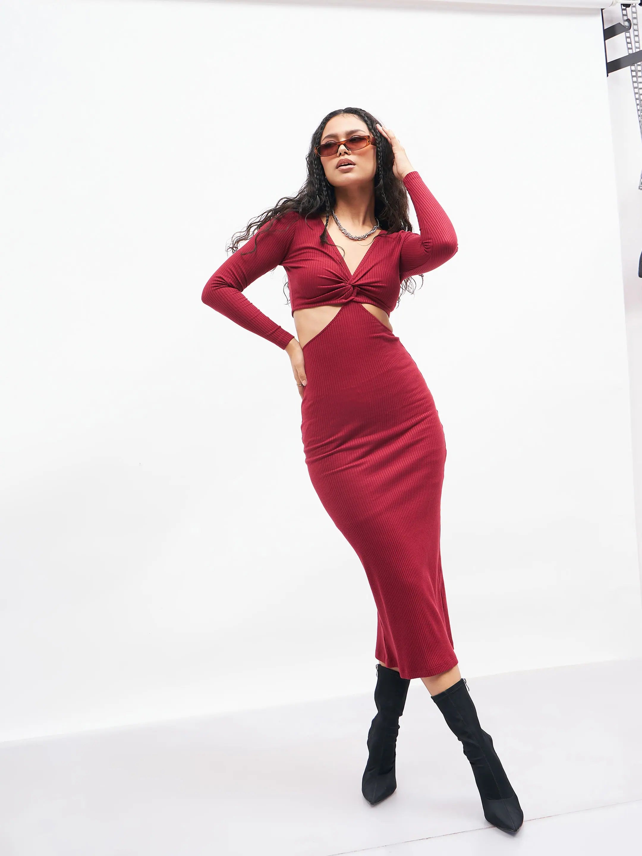 Chic Style, Always In Vogue Women Maroon Rib Waist Cut Out Maxi Dress