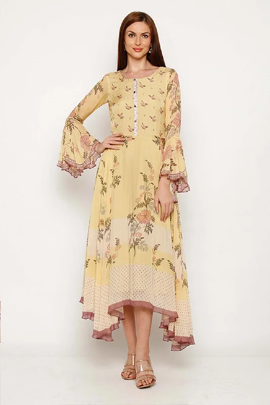 The Latest Fashion Trends Yellow Floral Asymmetric Dress