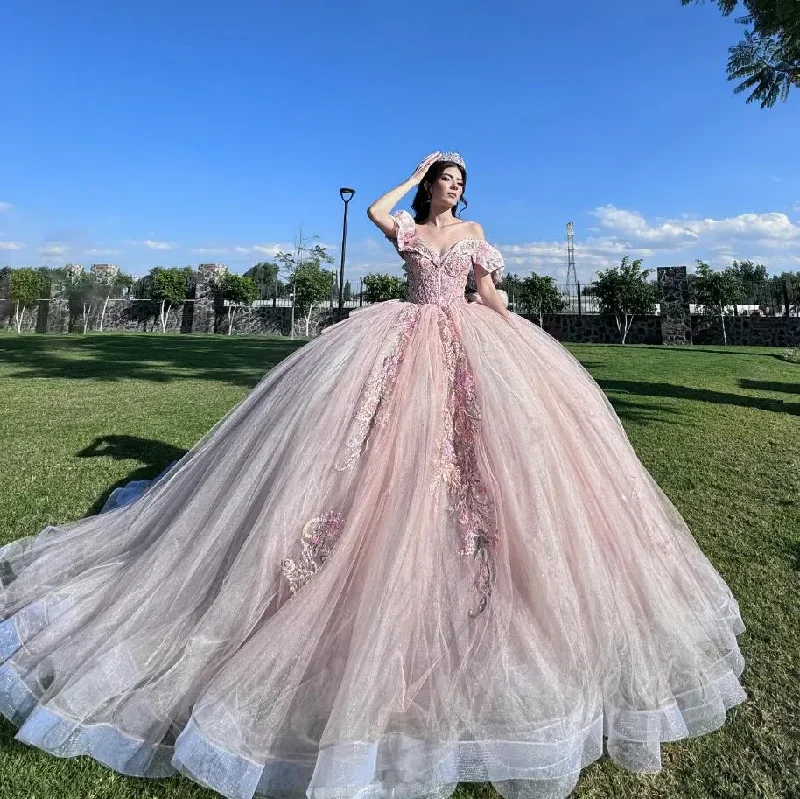 Chic Trends For The Fashion Savvy Blush Pink Princess Quinceanera Dresses Off Shoulder Ruffles 3D Floral Applique Corset Fairy vestidos de 15 años quinceañeras