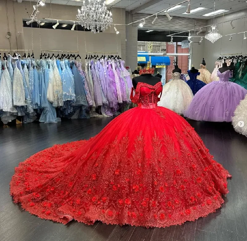 Stylish Women's Apparel Luxury Sparkly Fairytail Quinceanera Dresses Off Shoulder Gillter 3D Floral