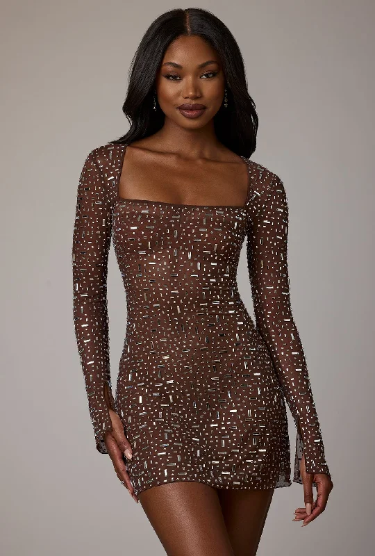 Trendsetter's Closet Sheer Embellished Long Sleeve A-Line Mini Dress in Deep Cocoa