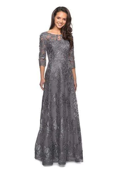 High End Fashion La Femme - Lace Bateau Quarter Length Sleeve A-line Gown 27885SC