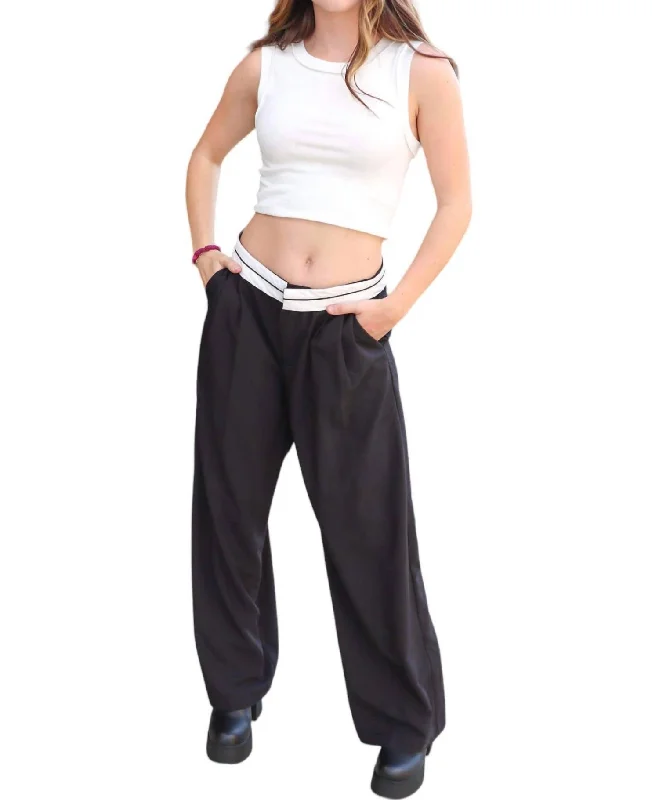 Stay Ahead In Style Contrast Foldover Waist Pants In Black