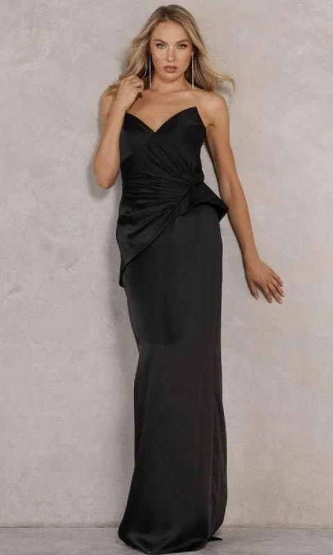 Boho Chic Fashion Terani Couture - V-Neck Ruched Peplum Prom Gown 2111P4066 - 1 pc Black in Size 16 Available