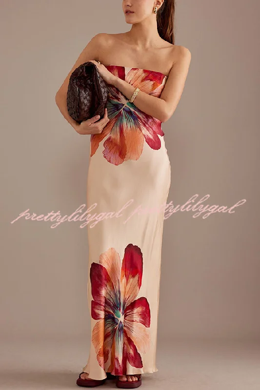 Big Sale Event Charming Lady Satin Floral Print Bandeau Loose Maxi Dress