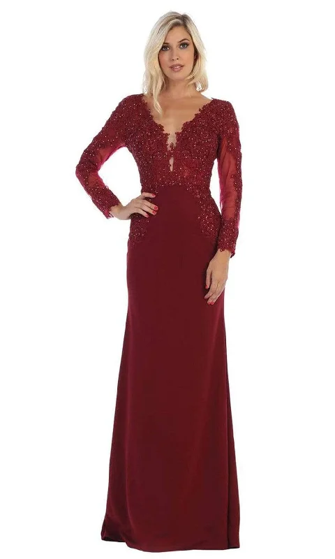 Trend Forward Women's Wear May Queen - MQ1630 Lace Appliqued Plunging V-Neck Gown