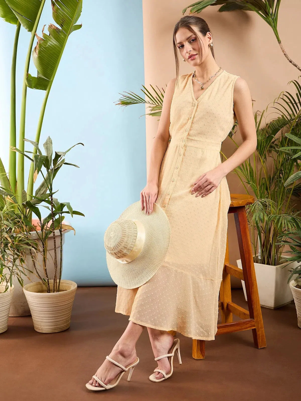 Preppy Style Women Nude Dobby Frill Hem Midi Dress