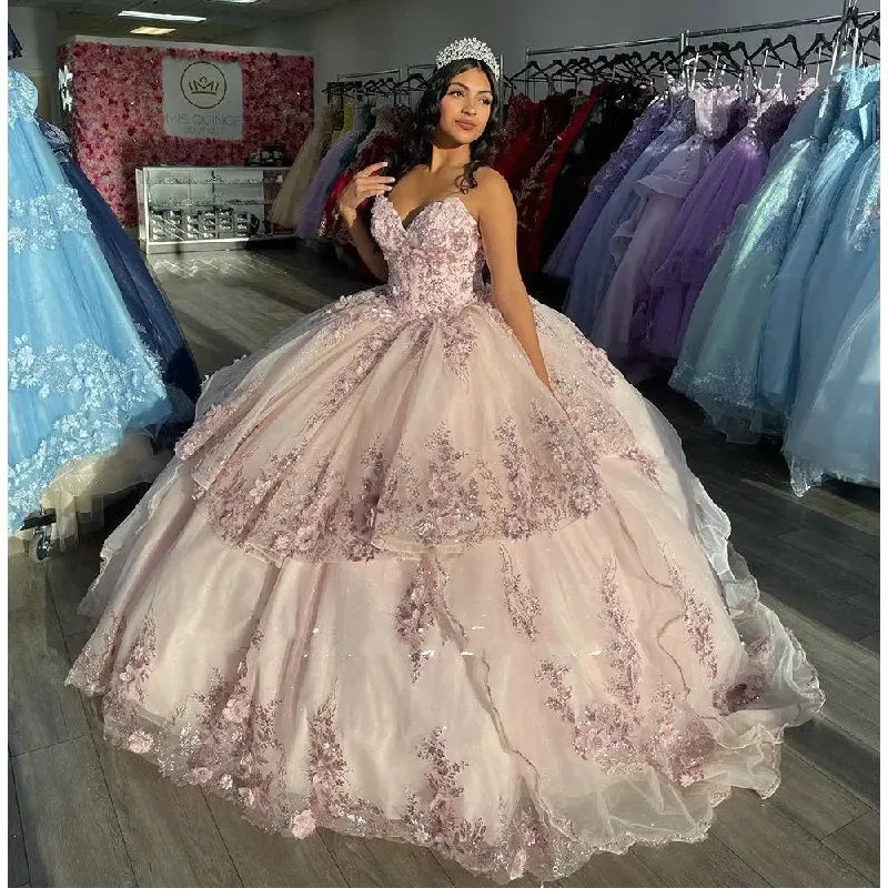 Business Casual Outfits Pink Ball Gown Quinceanera Dress Floral Applique 3D Flower Off the Shoulder Beading Sweet 16 Vestidos De XV Anos