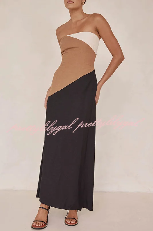 Relaxed Style Calissa Asymmetrical Colour Block Strapless Pocketed A-line Maxi Dress