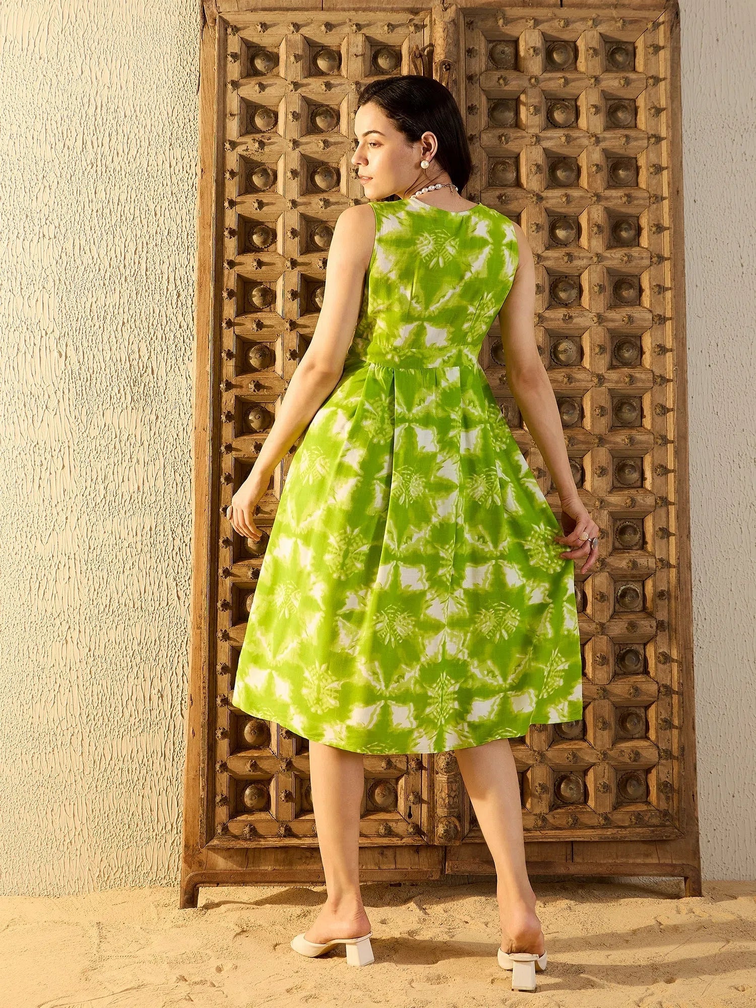 Casual Chic Over lap neck Midi Dress in Lime Green Tie & Dye-TP0457TD11