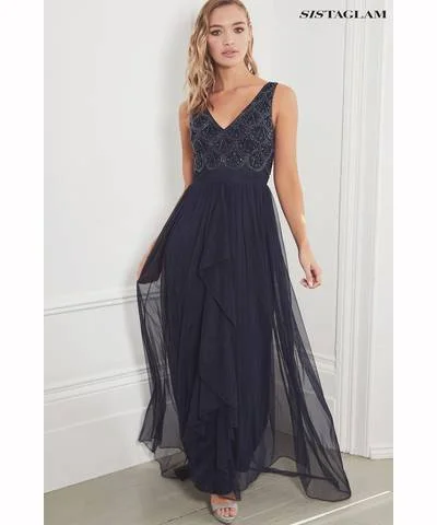 Huge Markdowns Embellished V-Neck Maxi Dress Navy