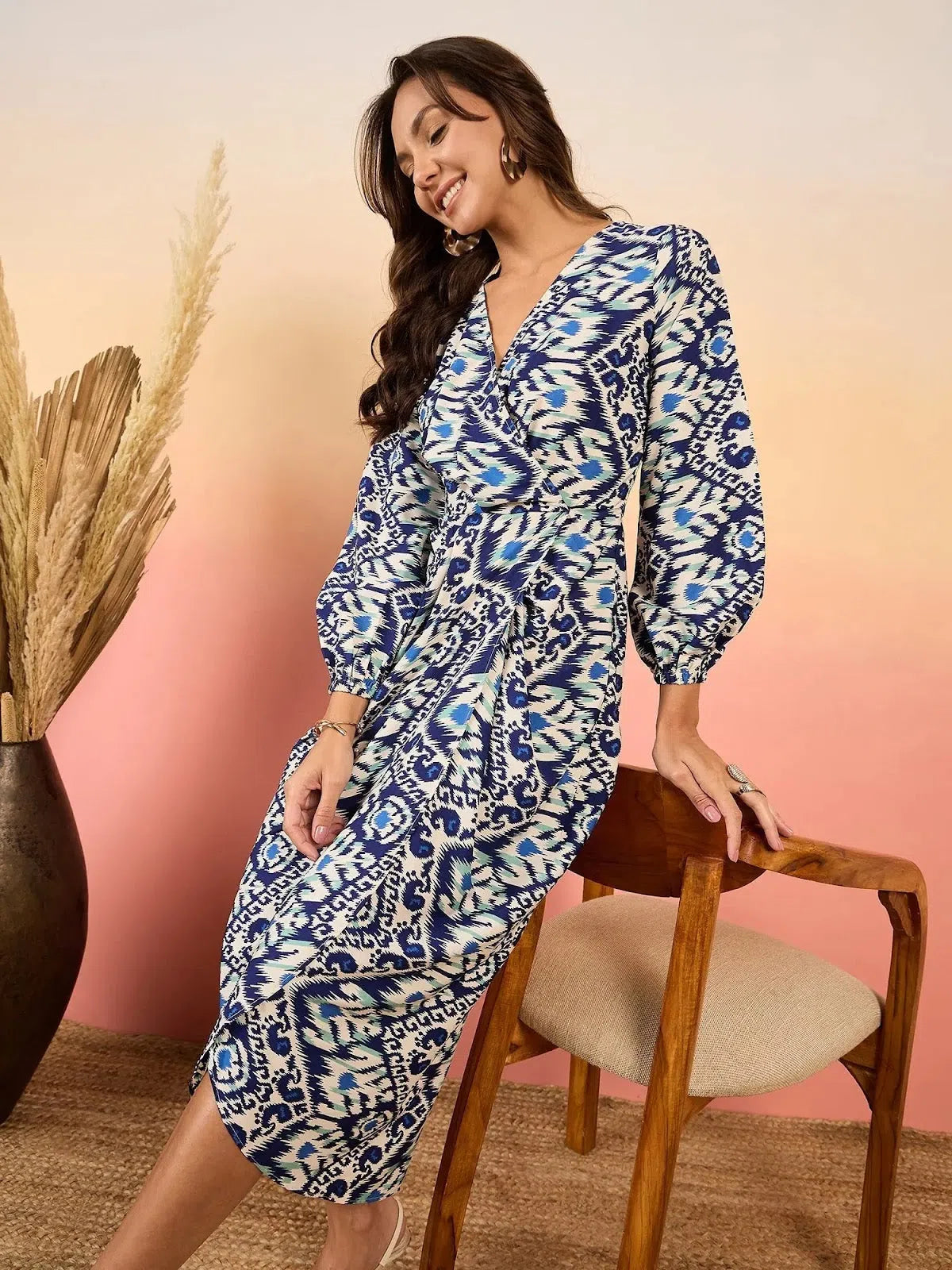 Hot Styles Overlap neck Tulip midi Dress in Blue Ikkat Print