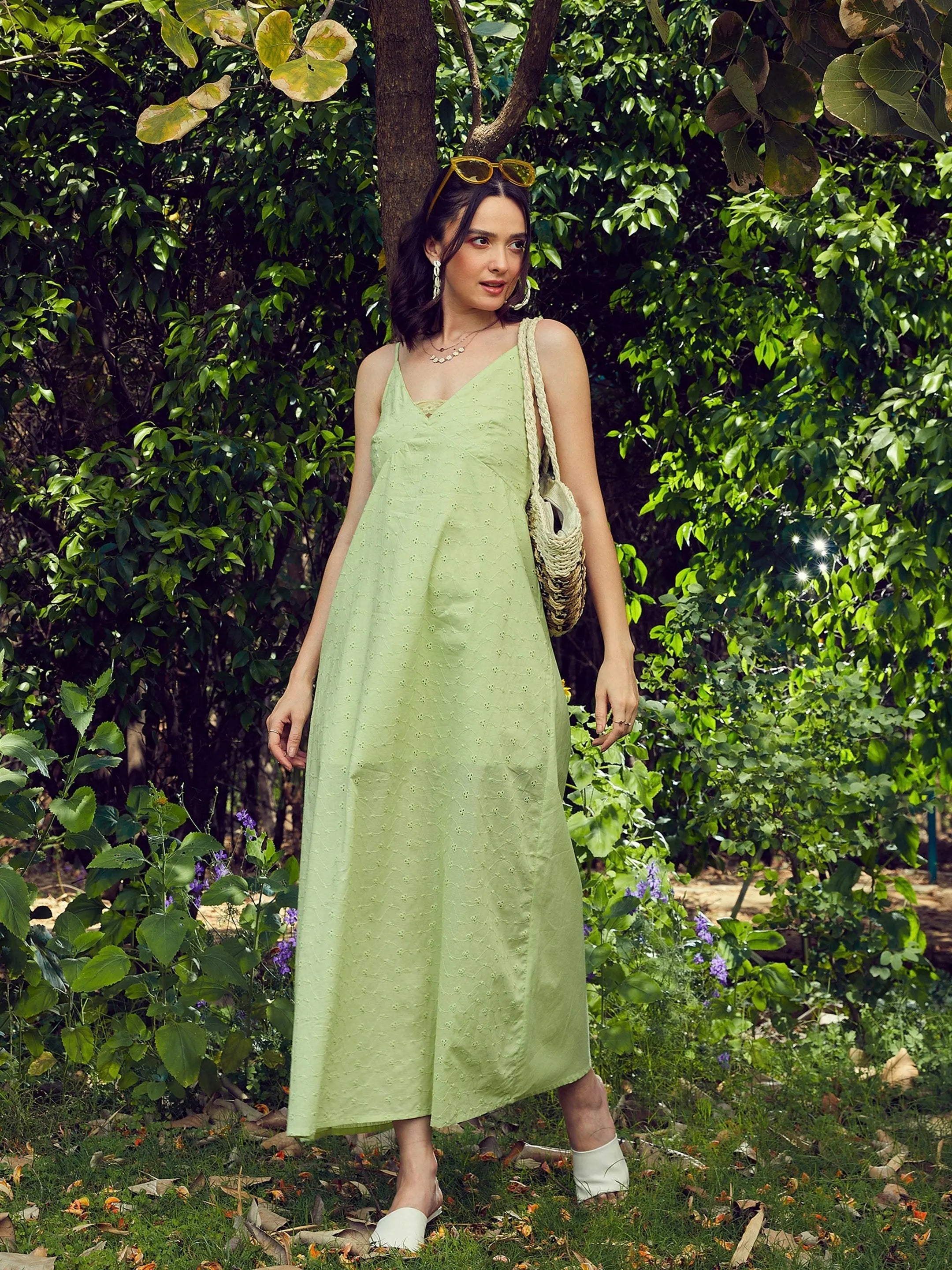 Trendy Street Style Women Lime Green Schiffli Strappy Maxi Dress