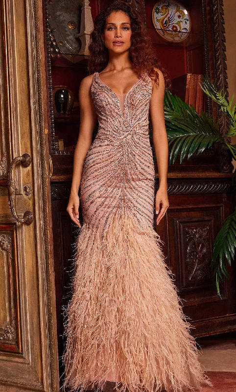 Street Style Fashion Jovani 24058 - Plunging V-Neck Feathered Evening Gown