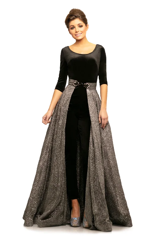 High End Fashion Johnathan Kayne 9229 Size 6 Black Long Velvet Jumpsuit Iridescent Overskirt Detach