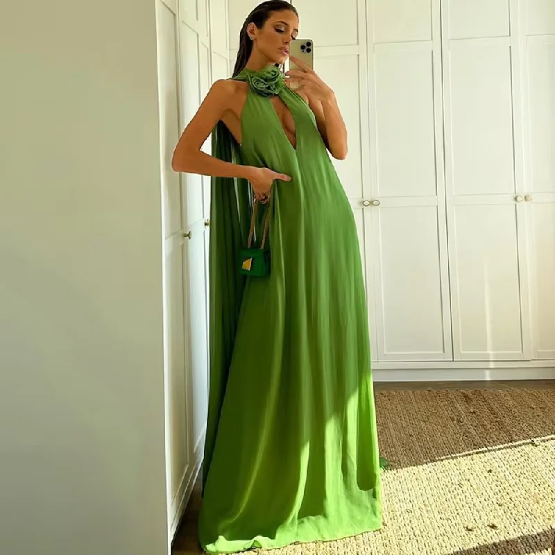 All Season Fashion Collection Halter Light Green Straight Matte Satin Woman Clothes Sleeveless Simple Hot Pink Prom Dress Floral Evening Dresses