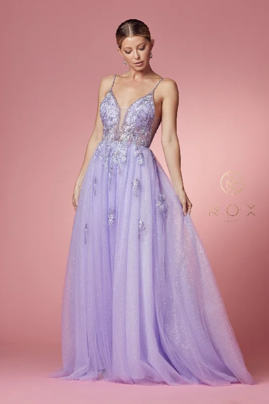 Timeless Elegance Nox Anabel T1012 Lilac Prom Dress long lace A line Evening Gown