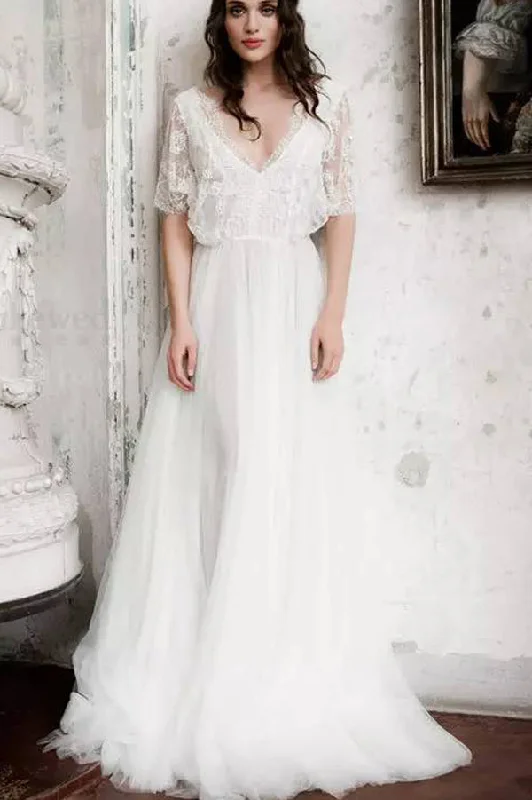 Chic Trend Collection Roycebridal Short Sleeve Boho Wedding Dresses Ivory Lace Chiffon Rustic Wedding Gown,MW316