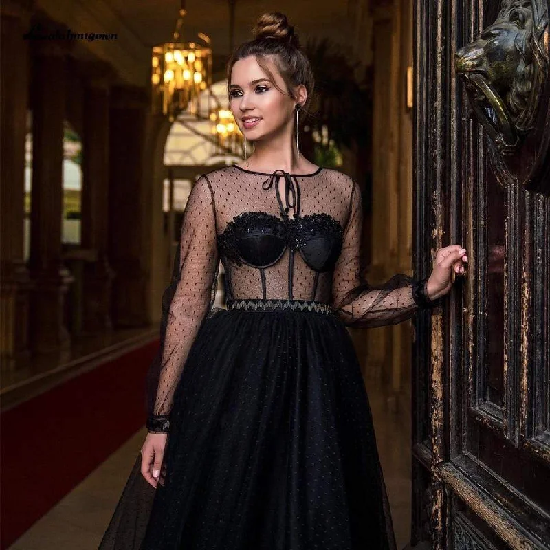 Trendy Street Style Attire Roycebridal Sheer Illusion Gothic Black Wedding Dress Long Bridal