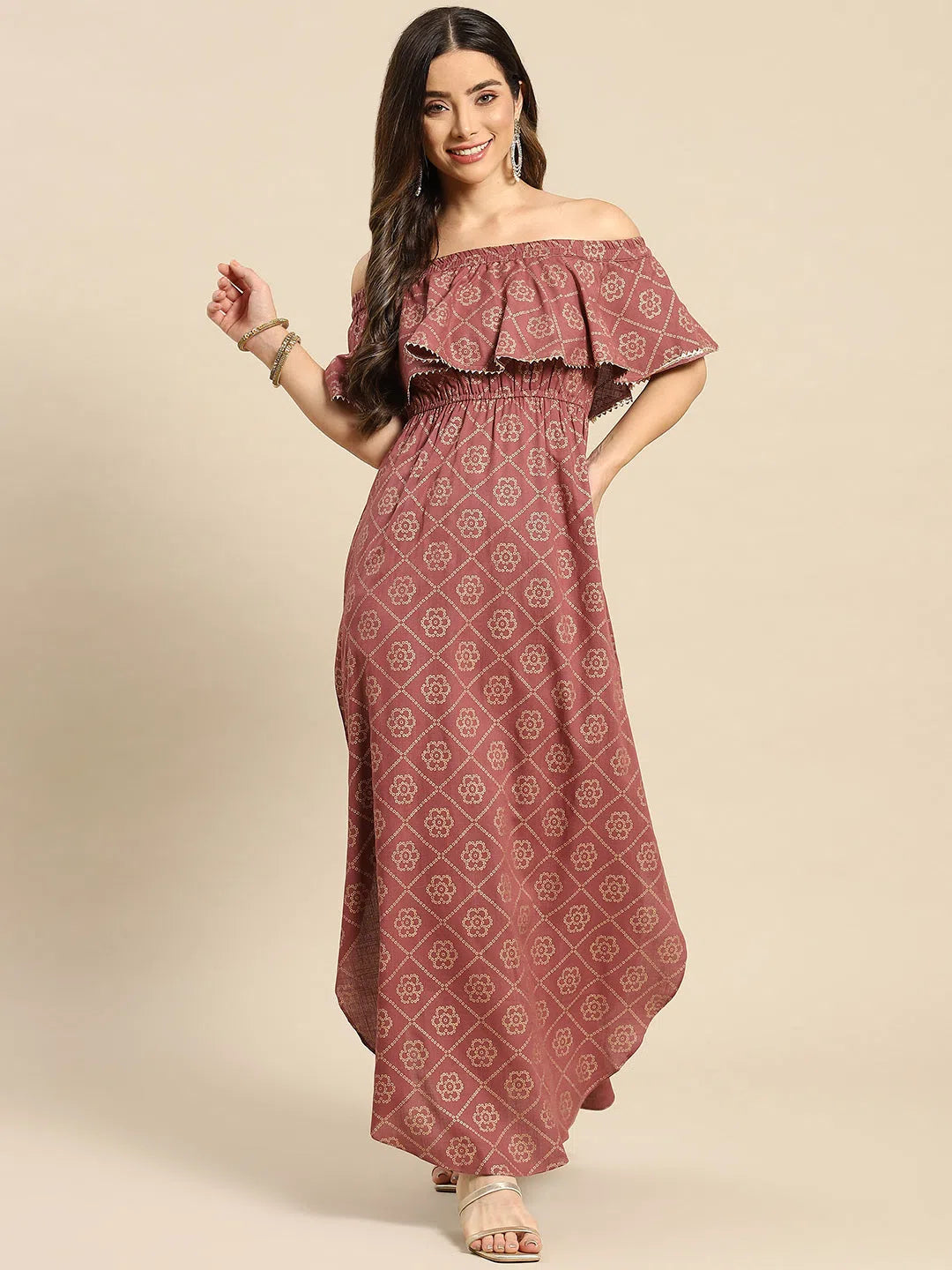 City Fashion Off Shoulder Flare Yoke And U Hem Maxi Dress-Tp0432Rp38-S