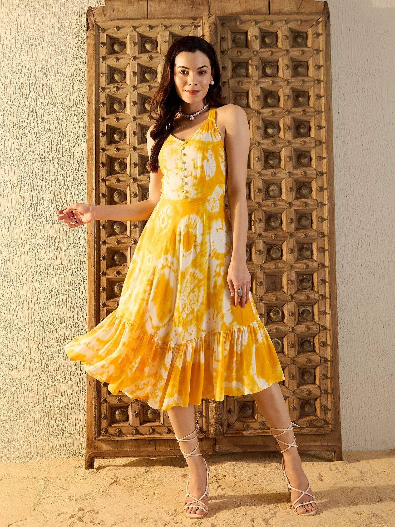 Current Trends Strappy Layered Midi Dress in Yellow Tie & Dye-TP0479TD6