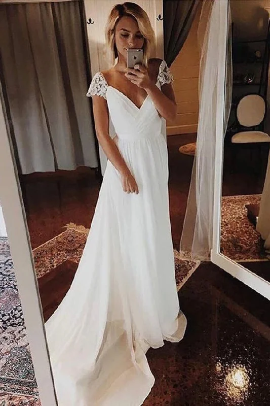 Special Offer Roycebridal Simple A-line Chiffon Wedding Dresses Cap Sleeve V-neck Bohemian Beach Bridal Gowns,MW335