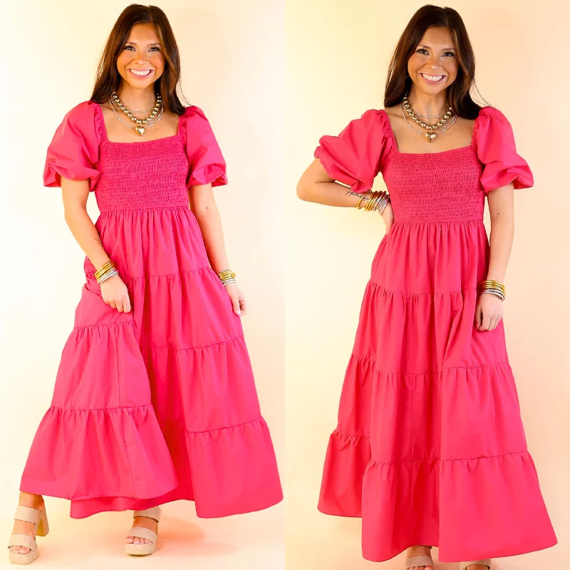 Trend Driven Wardrobe Santorini Sunshine Short Balloon Sleeve Maxi Dress in Fuchsia Pink