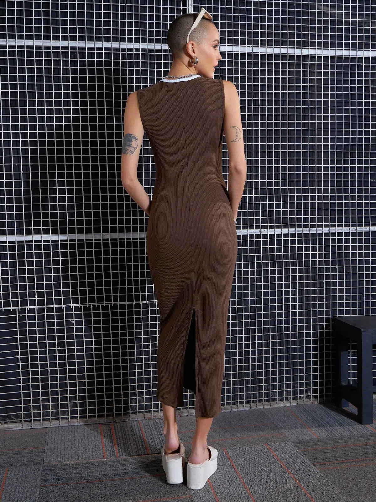 Latest Trends Women Brown Rib Contrast Binding Back Slit Midi Dress