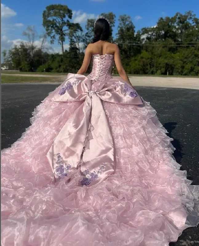 Trendsetter's Closet Purple Pink Charro Mmexican Quinceanera Dresses Floral Embroidery Ruffles vestidos de fiesta de 15 quinceañera Prom Dress Bow