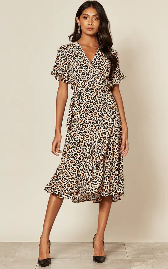 Trendsetter's Closet Short Sleeve Wrap Midi Dress In Leopard Print