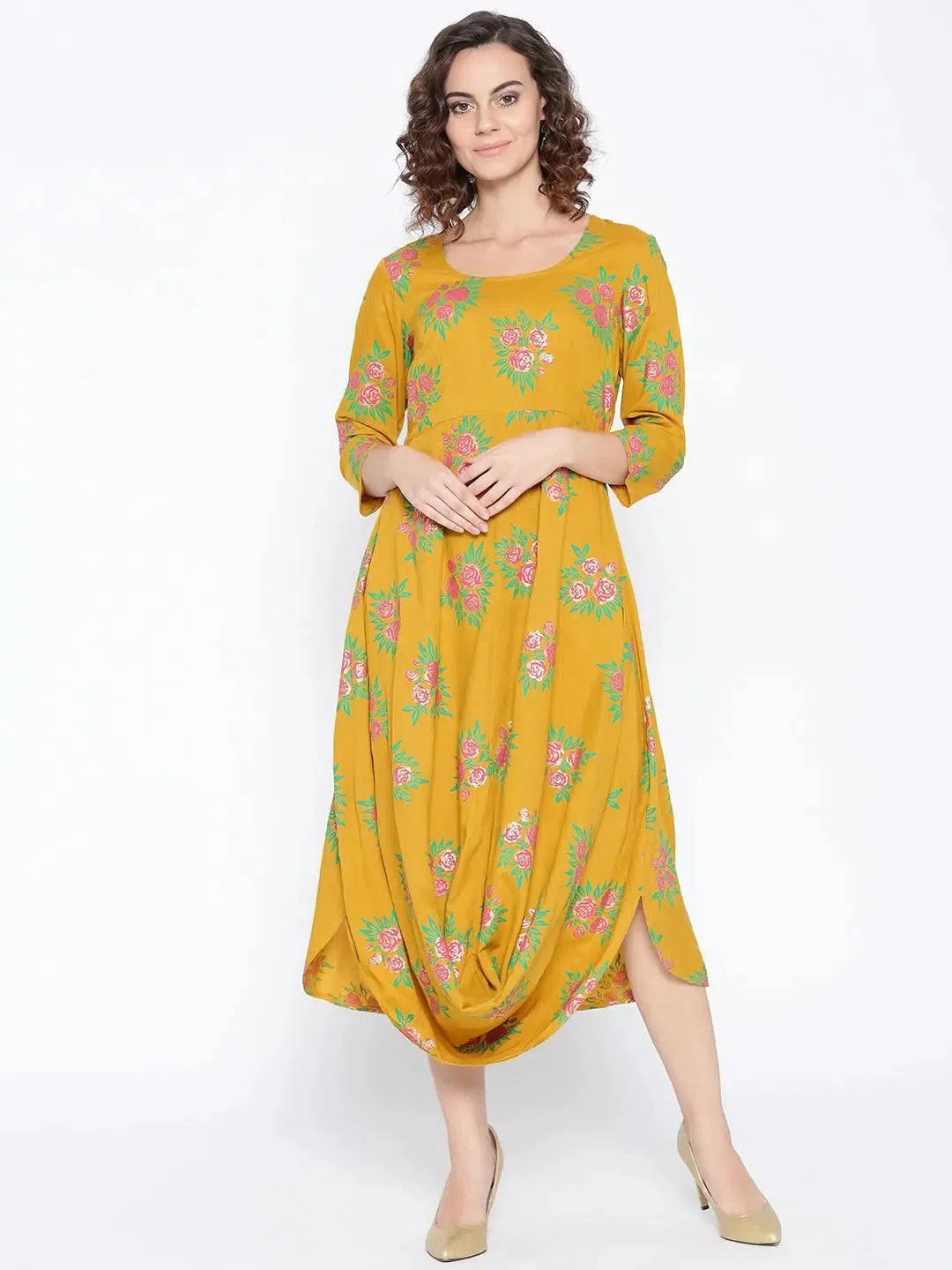 Innovate Your Wardrobe Front Cowl Midi Dress with Rose print in Mustard