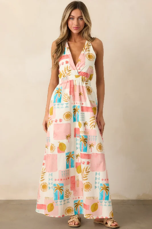 Limited Stock, Big Sale Vibrant Tides Pink Multi Tropical Print Maxi Dress