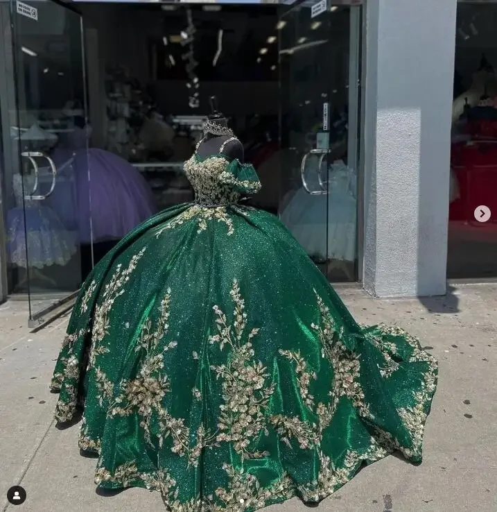 Chic Styles Emerald Hunter Green Ball Gown Quinceanera Dresses Gillter Floral Applique Princess Corset Prom Vestidos de fiesta 15 años