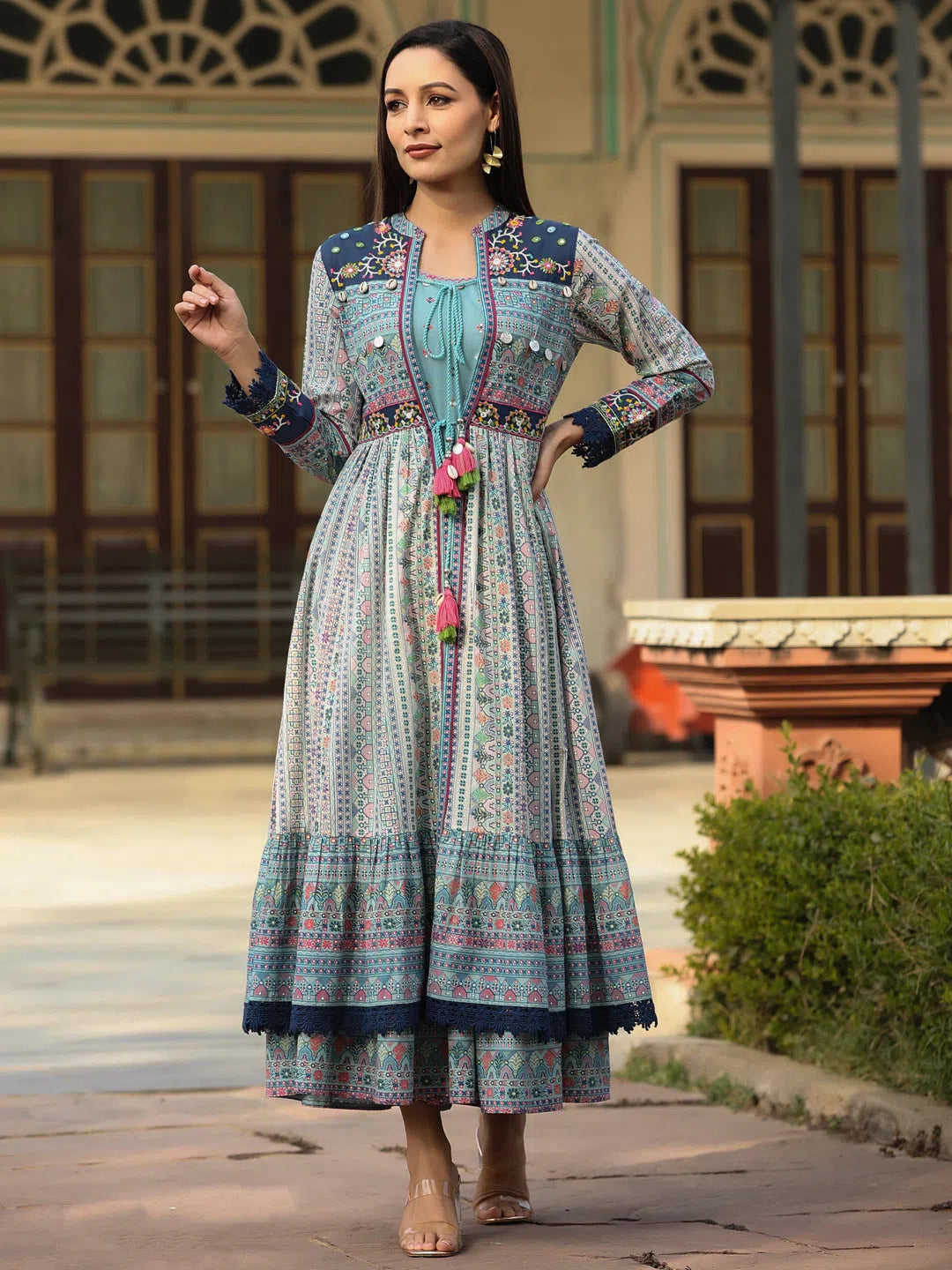 Chic Wardrobe Juniper Women Sky-Blue Cotton Cambric Tribal Printed Maxi Dress with Jacket.