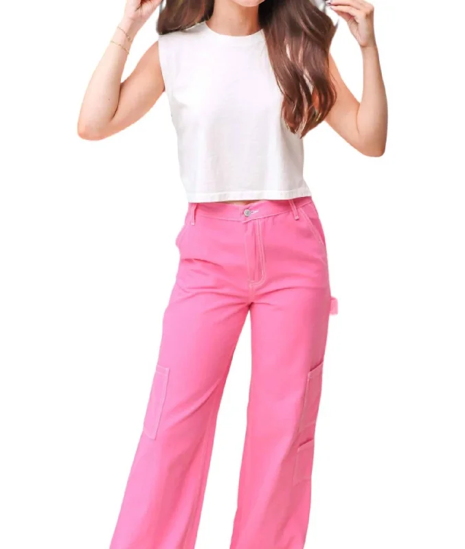 Trend Forward Threads Contrast Stitch Utility Pants In Pink