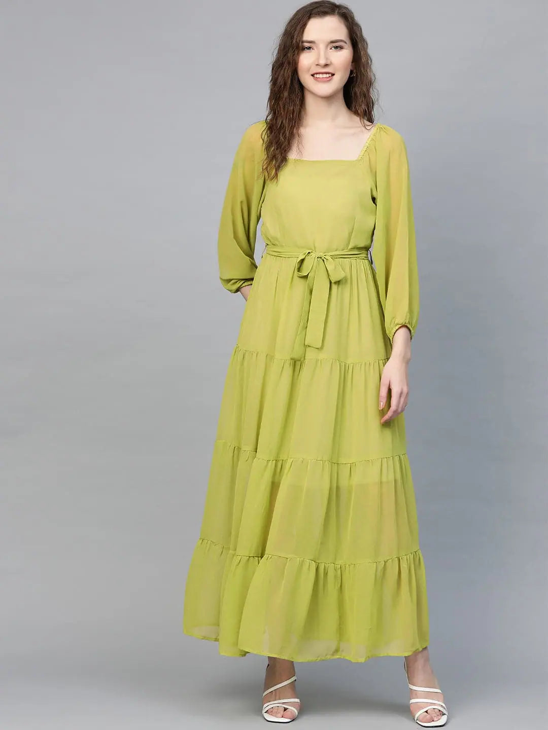 Glamorous Evening Wear Green Square Neck Tiered Maxi Dress