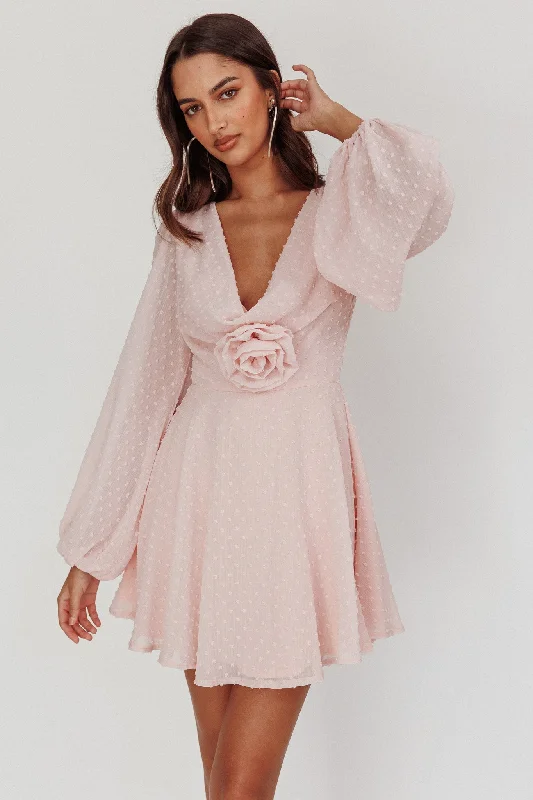 Style Redefined Open Heart Long Sleeve Rosette Mini Dress Baby Pink