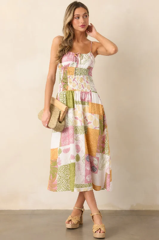 Bold Fashion Off To The Market Ivory Patchwork Print Midi Dress