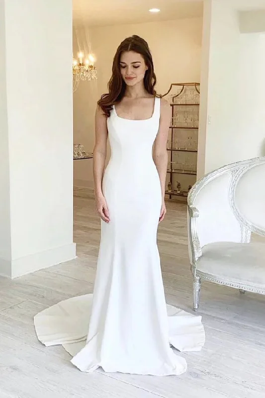 Rocker Chic Fashion Roycebridal Simple Satin Sheath Square Neck Backless Wedding Dress With Sweep Train, MW755