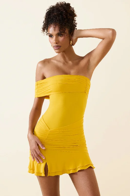 Trend Forward Threads For Her Asymmetric Ruched One-Shoulder Mini Dress in Golden Yellow