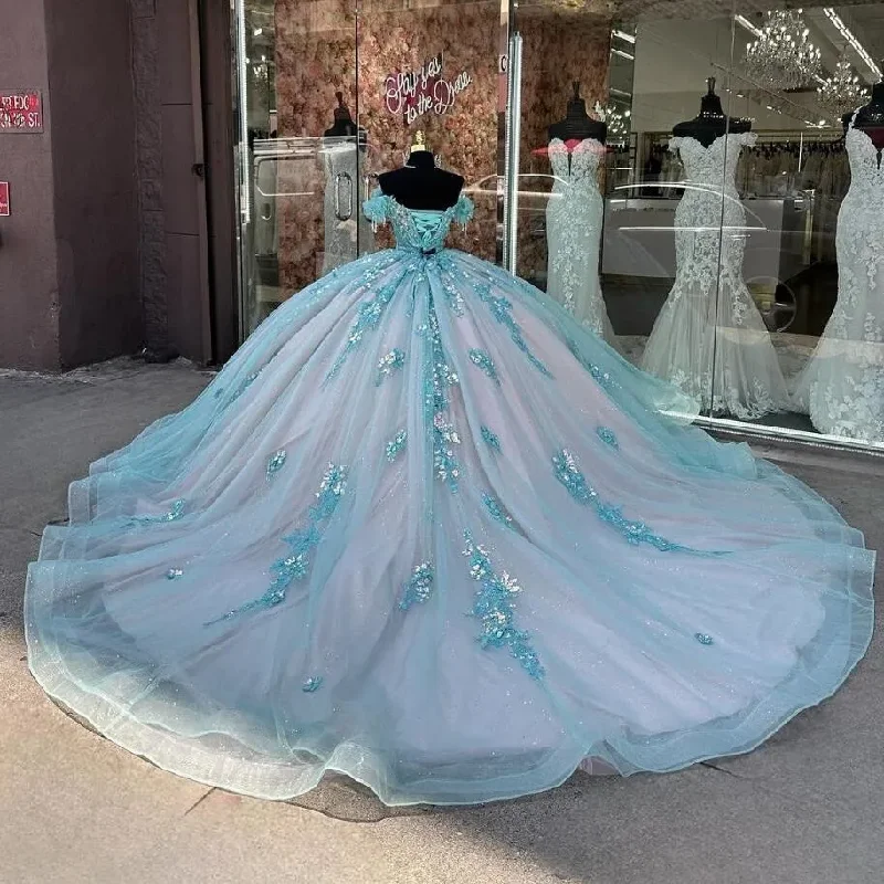 Ride The Style Wave Baby Blue Pink Princess Quinceanera Dresses 2025 Off Shoulder Floral Applique Corset Lace-up vestidos de 15 años quinceañeras