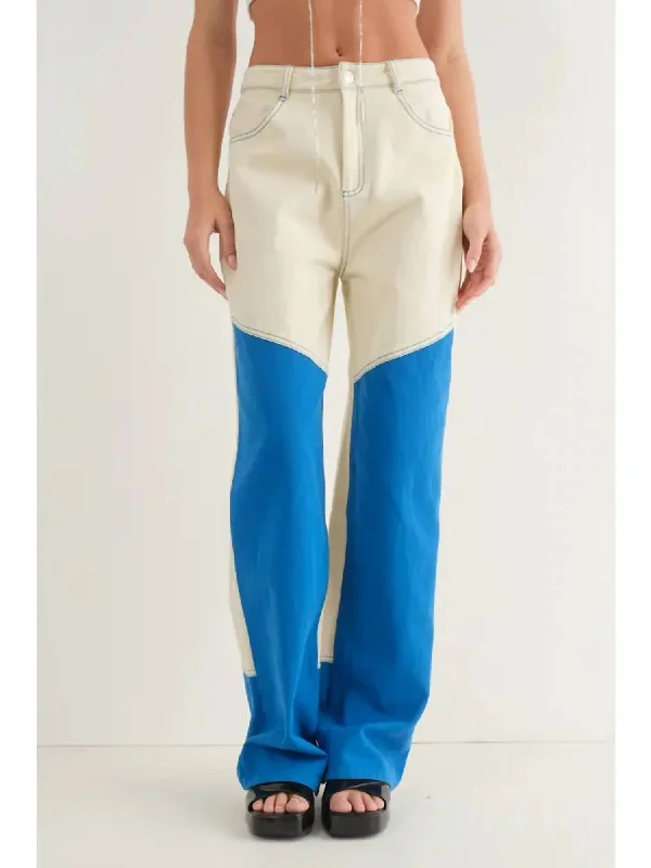 Style Revolution Color Blocked Long Pants In Ivory/blue