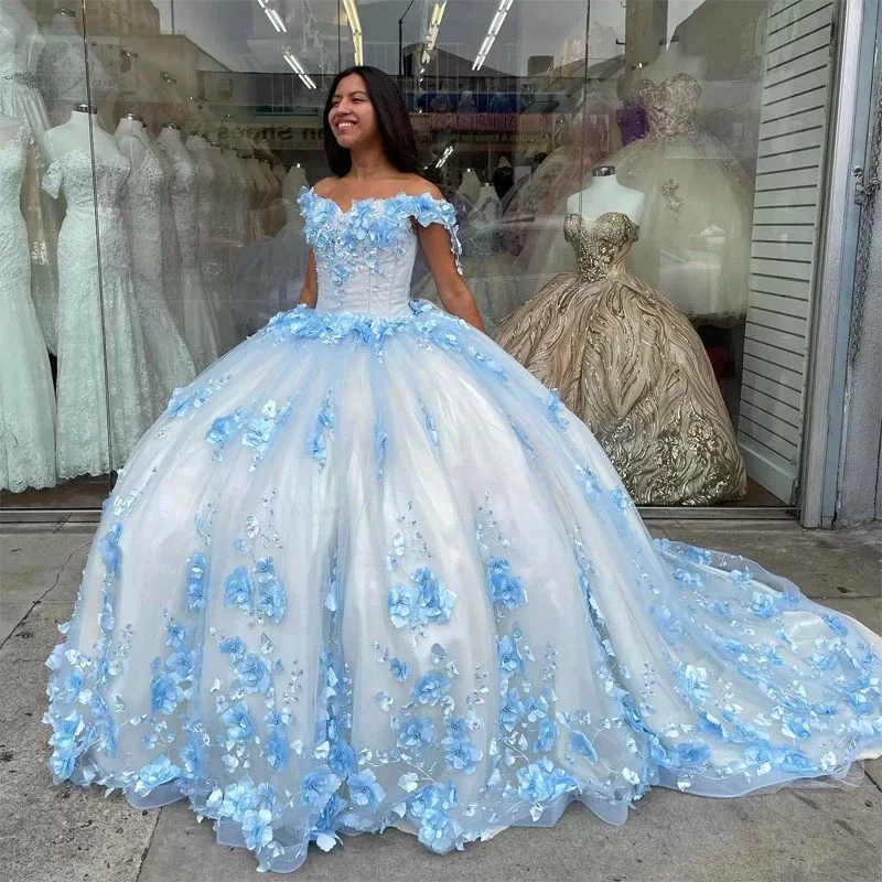 Current Trends Sky Blue Quinceanera Dresses Princess Dress Sleeves 3D Rose Floral Party Birthday Dress Beaded Long Lace Up Corset Prom Dress 15