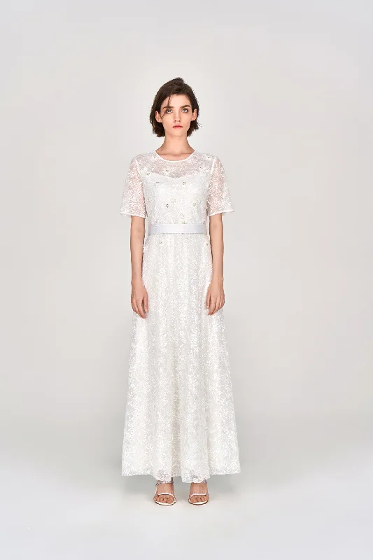 Vibrant Styles White Embellished Lace Maxi Dress