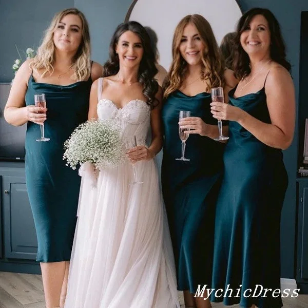 Trend Setting Threads Roycebridal Short Dark-Green Beach Bridesmaid Dresses Silk Satin Boho Wedding Dress