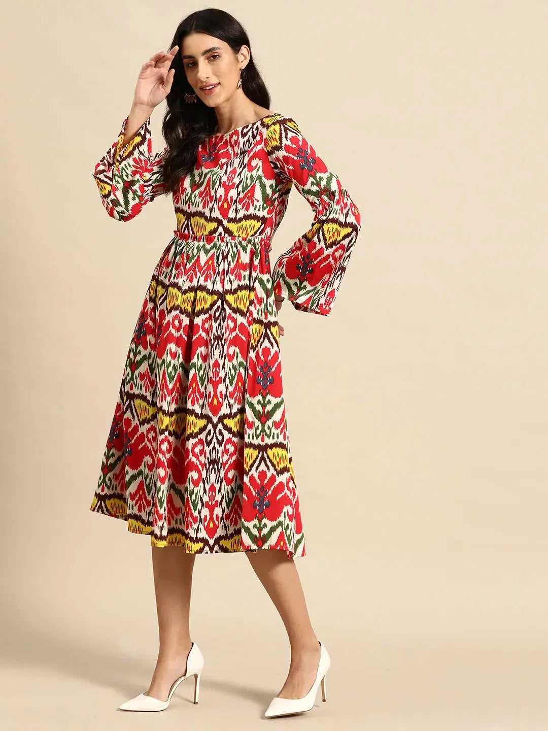 Comfort Meets Fashion Midi Dress with bell sleeve in Red and Cream Ikkat Print