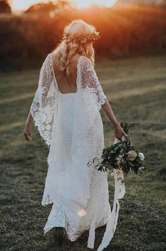 Trendy Threads Roycebridal Sheath Boho Batwing Sleeve Lace Rustic Ivory Wedding Dresses ,MW276