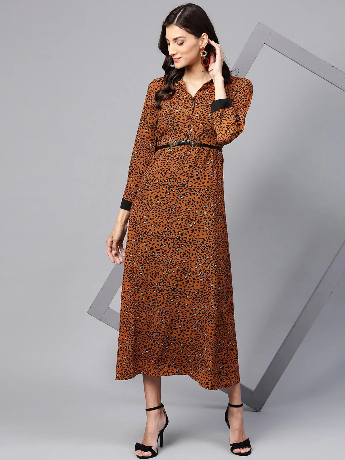 Trendsetter's Closet Animal Print Shirt Maxi Dress With Belt