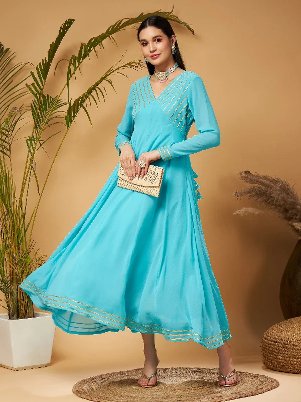 Luxury Fashion Women Blue Gota Lace Detail Anarkali Maxi Dress